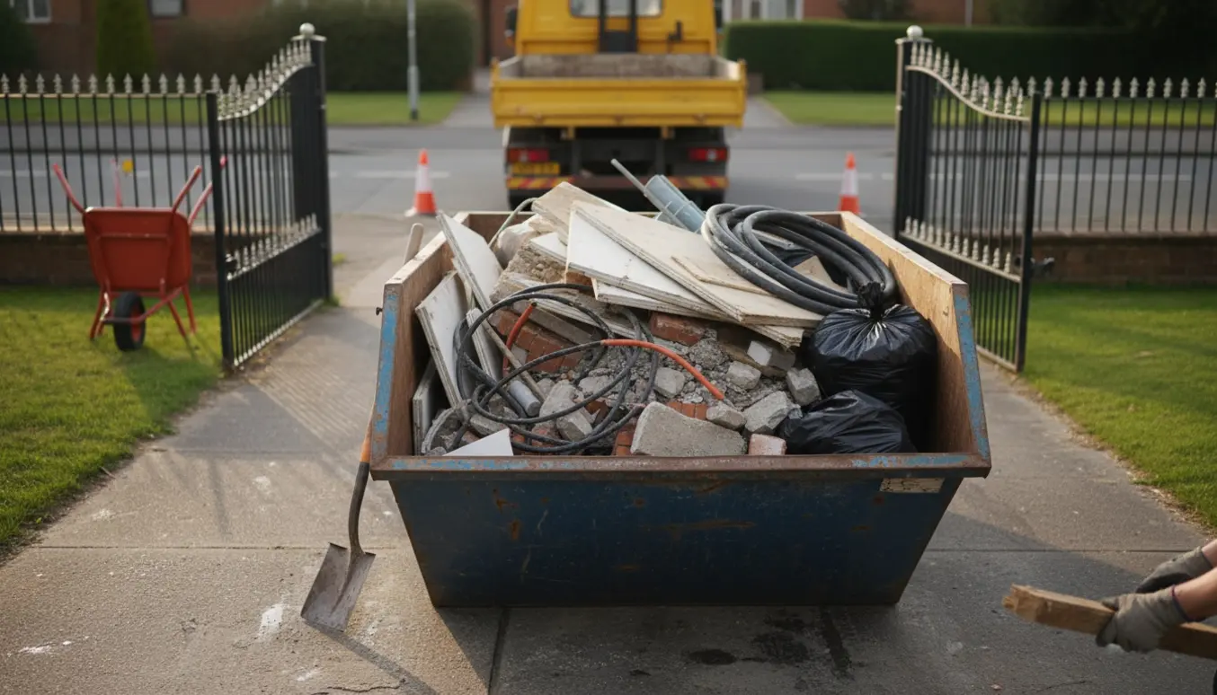 Container på indkørsel fyldt med blandet byggeaffald klar til afhentning.