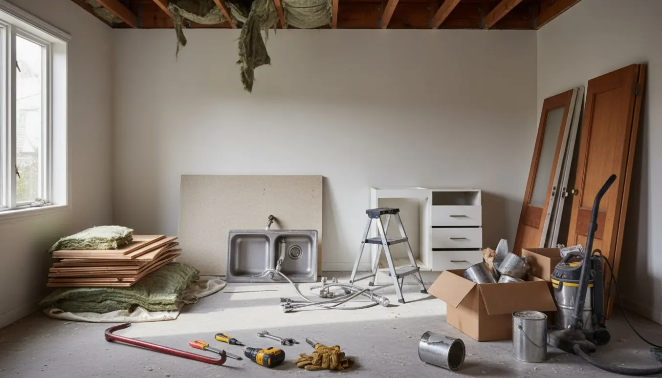 Partielt nedtaget køkken med fjernet træloft, afmonteret laminatbordplade og bunker af byggeaffald klar til afhentning.