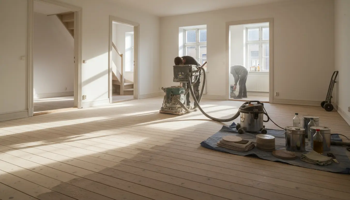 Gulvslibning og efterbehandling af fyrretræsgulv i en lys, tom lejlighed med slibemaskine, lud og olie.