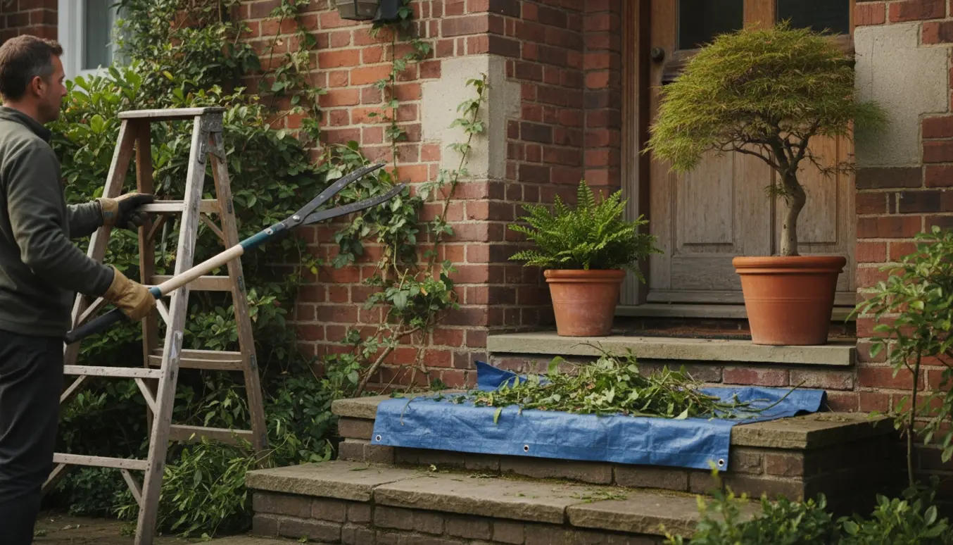 Håndværker beskærer planter ved husmur og små træer ved hovedindgangen med beskæringsværktøj.