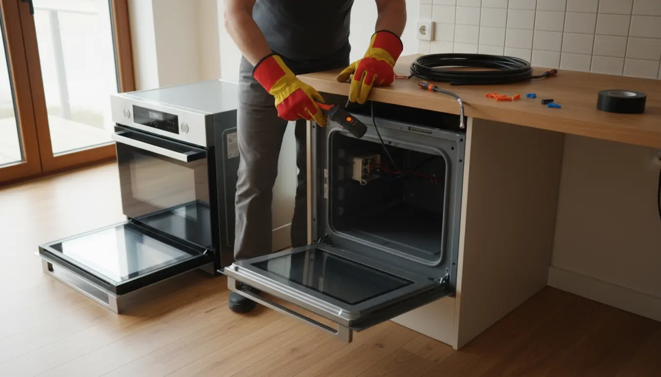 Elektriker til- og afkobler en indbygningsovn i et køkken, kun hænder og værktøj synlige.
