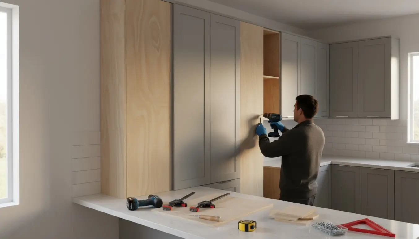 Ny smal rørkasse monteres i køkkenet med værktøj på bordet og en mindre kasse i et åbent skab.