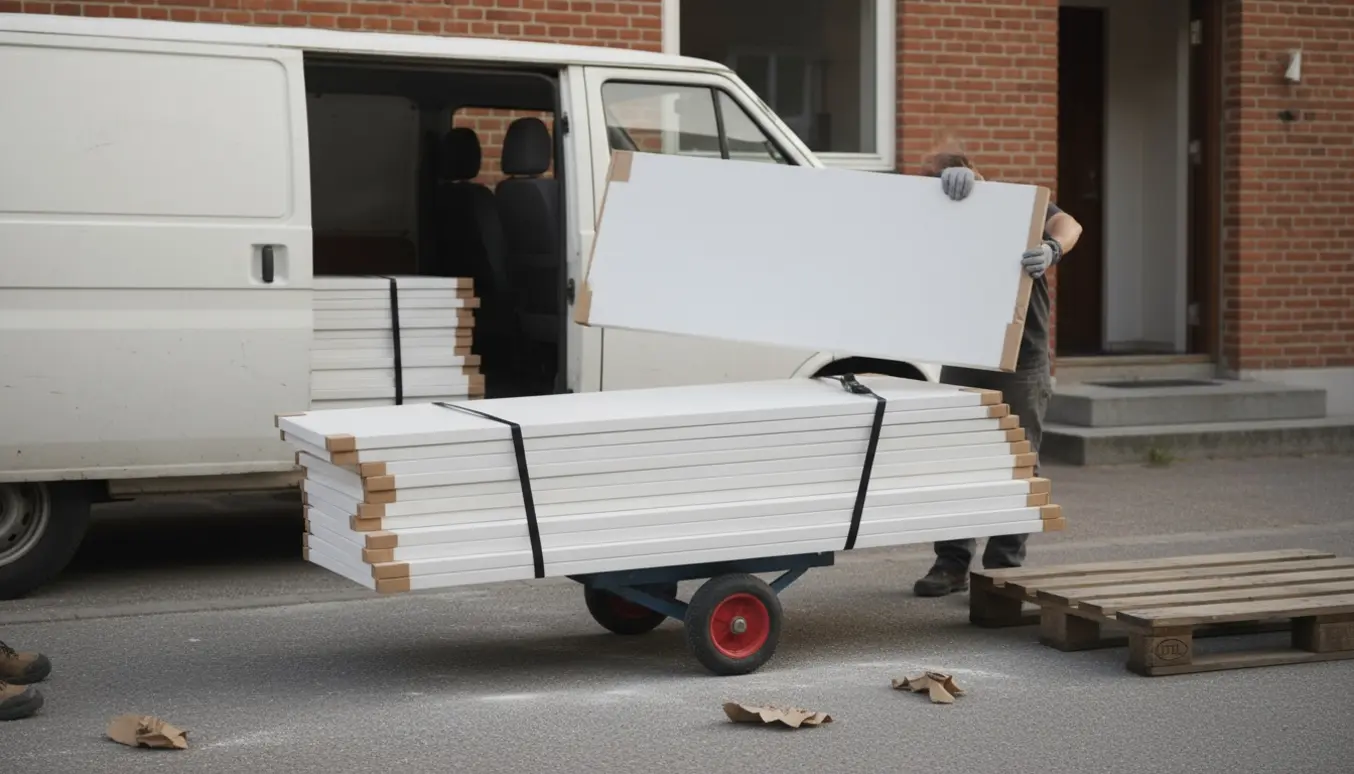 Varevogn ved fortovet i Rødovre med stablede gipsplader på en dolly i blødt eftermiddagslys.