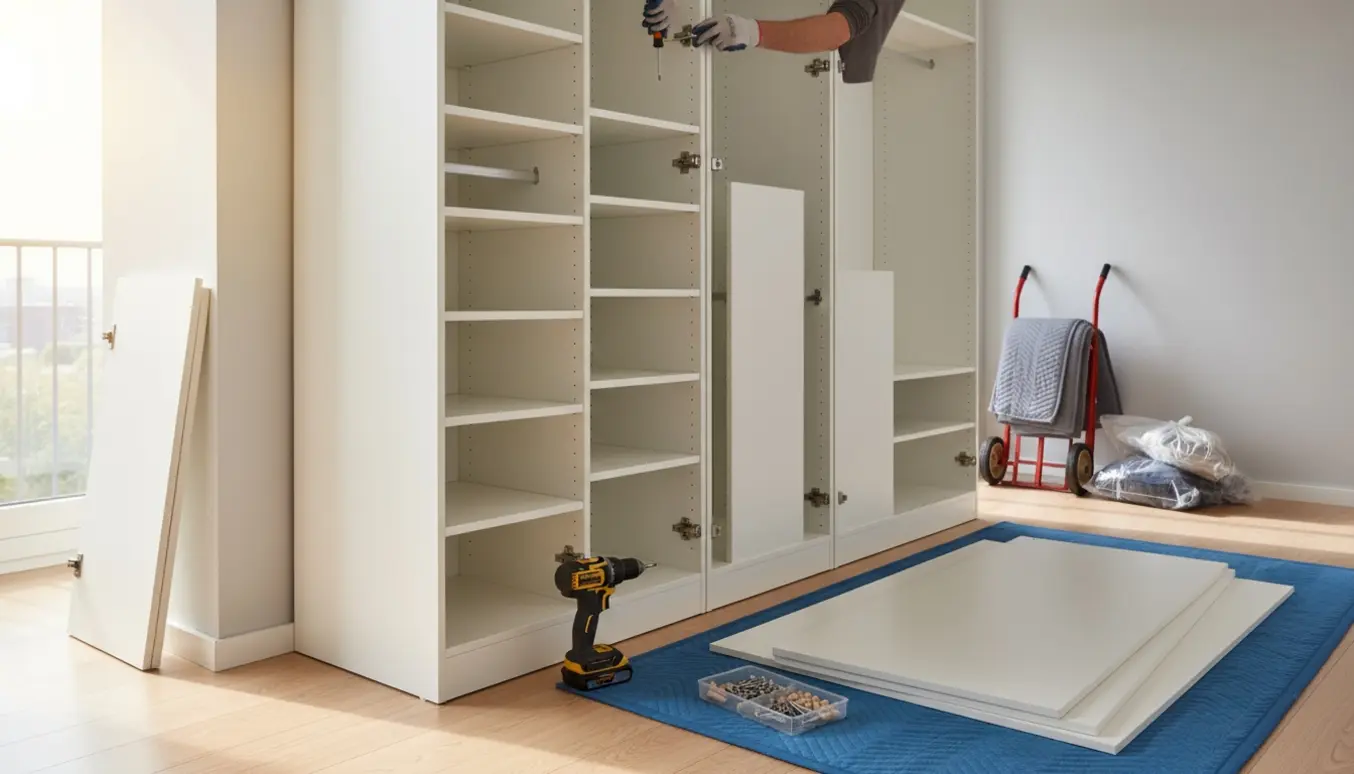 To PAX-garderober adskilles i en lys gang, med værktøj, hyldepaneler og skruer klar til flytning.