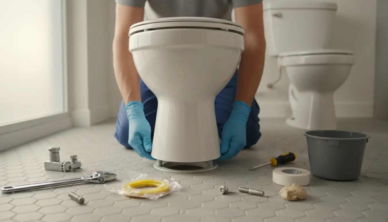 Nyt toilet sættes på plads i et lyst flisebadeværelse med værktøj og handsker på gulvet.