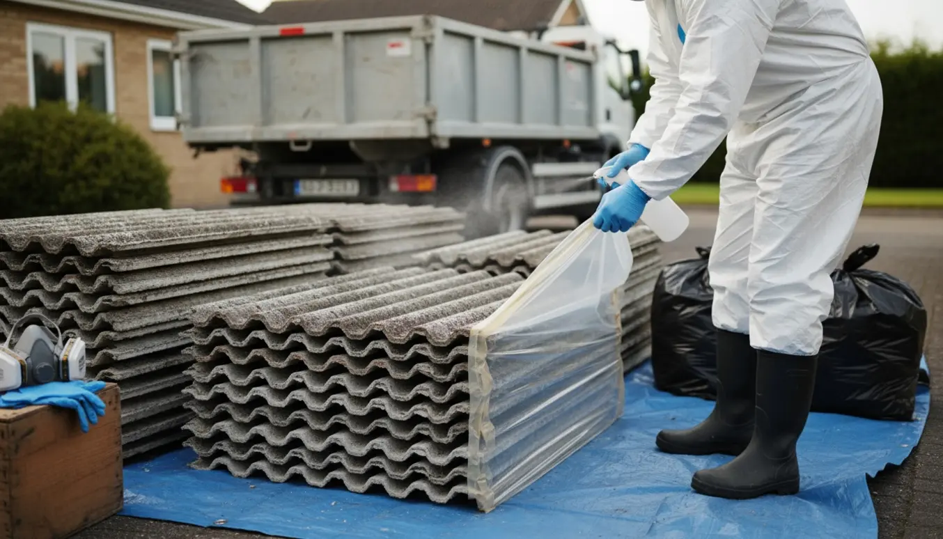 Bunker med nedtagne eternit tagplader på presenning, med indpakning og beskyttelsesudstyr ved siden af.