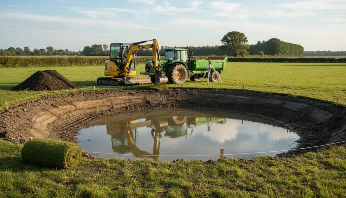 Gravemaskine graver og planerer jord til en ny sø på åben mark, med opstillede pæle og bunker af muld.