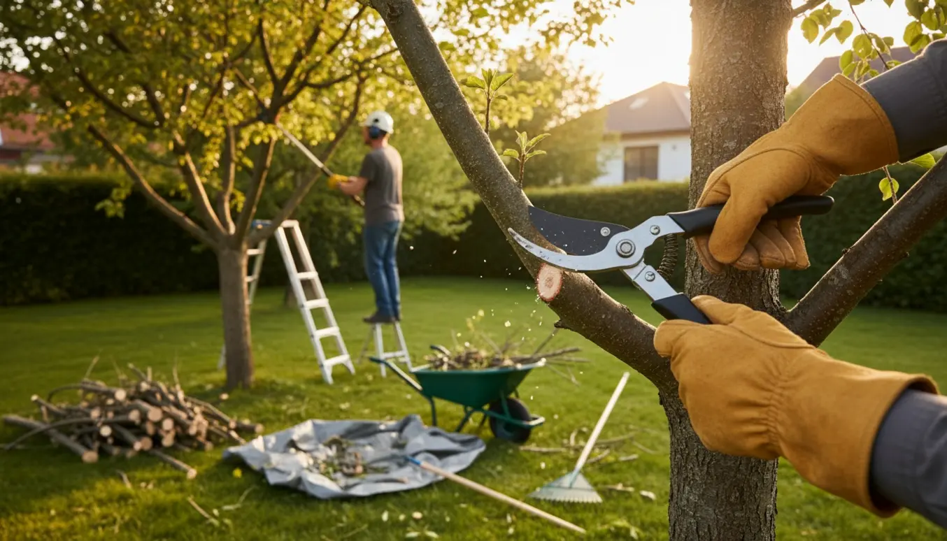 To træer i en have under beskæring med klippede grene samlet i en trillebør.