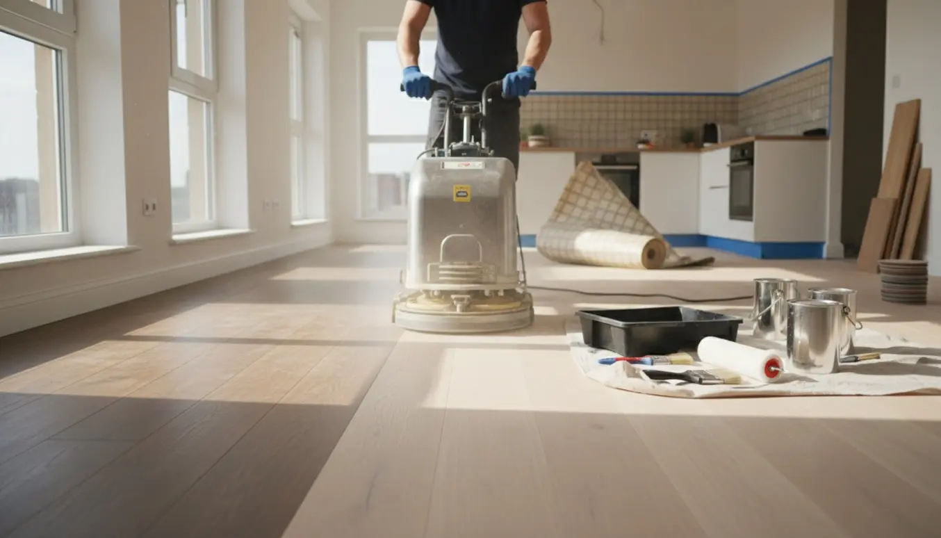 Professionel gulvslibning i en lys lejlighed med slibemaskine, afrevet linoleum i køkkenet og matte lakdåser.