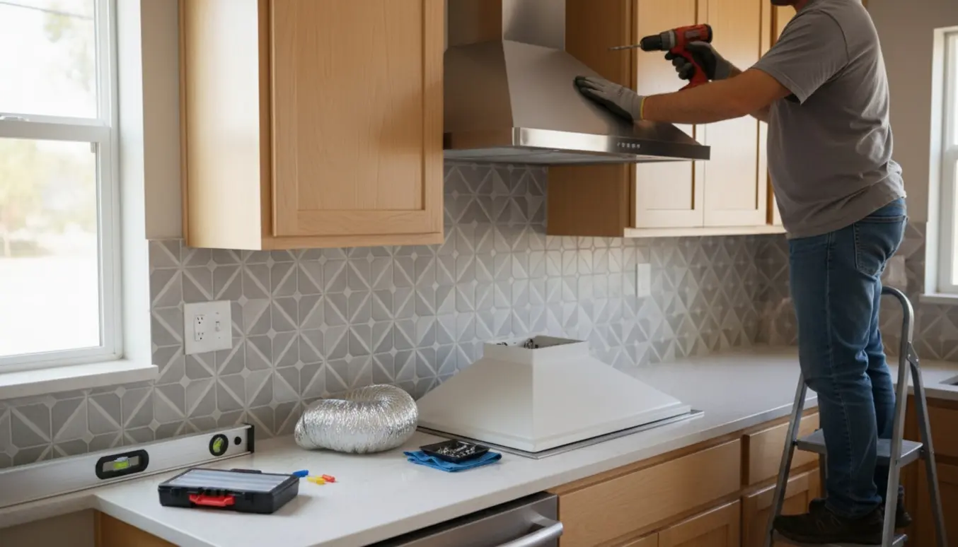 Montage af en skrå emhætte i et moderne køkken med elektrikerens hænder og værktøj.