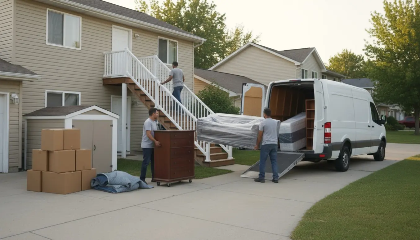 Flyttefolk bærer møbler og flyttekasser mod en ubrandet flyttebil med en trappe op til en lejlighed på anden sal.
