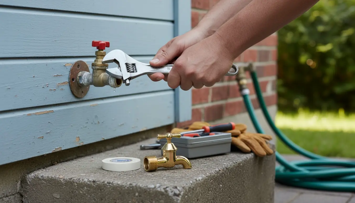 Nærbillede af hænder, der udskifter en udendørs vandhane på husets ydervæg med skruenøgle og nyt messinggreb.