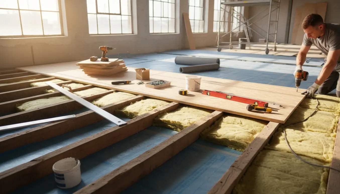Opbygning af undergulv i et lyst renoveringsrum med isolering, dampspærre og krydsfinerplader.