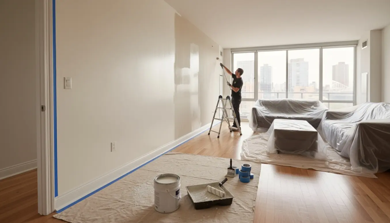 Lys moderne lejlighedsstue hvor en væg er ved at blive malet med malerbøtte, rulle og afdækning i forgrunden.