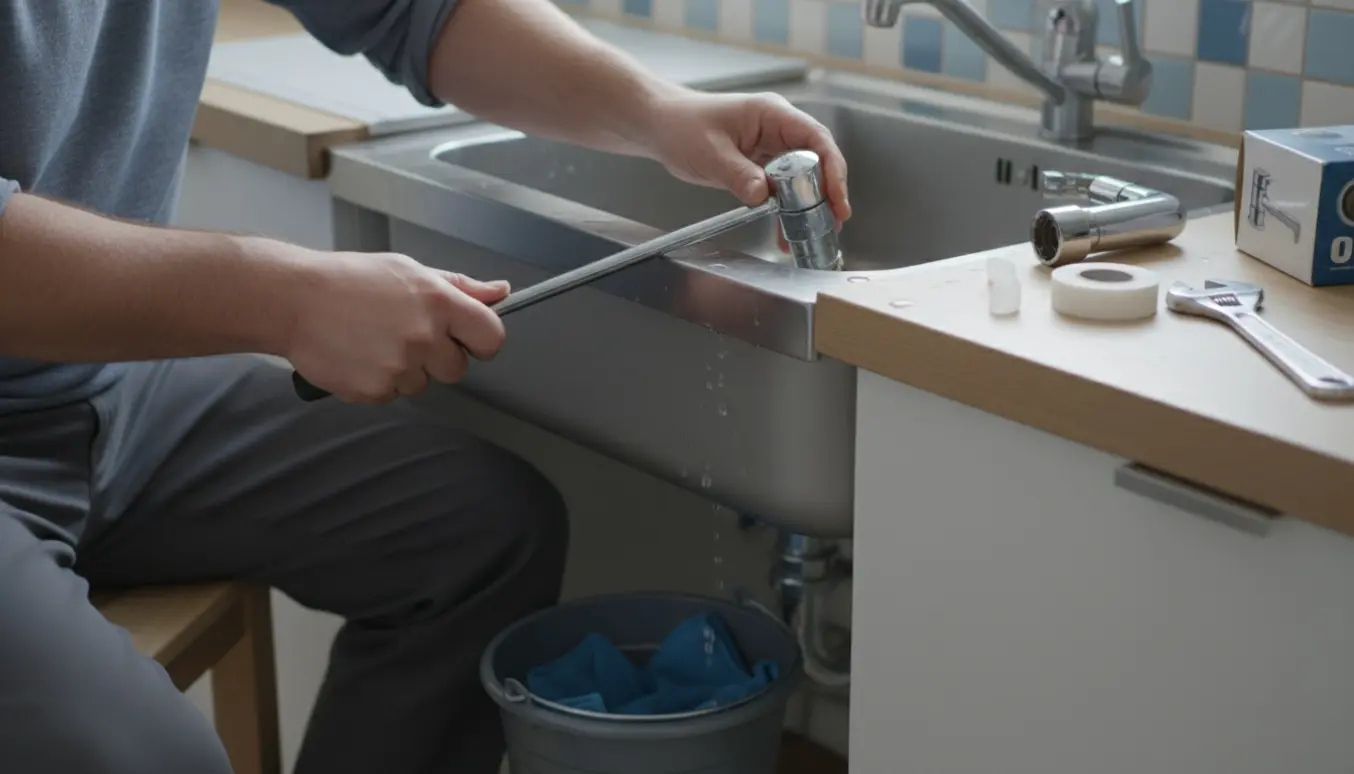 Hænder udskifter en køkkenvandhane med værktøj og reservedele ved en lys køkkenvask.