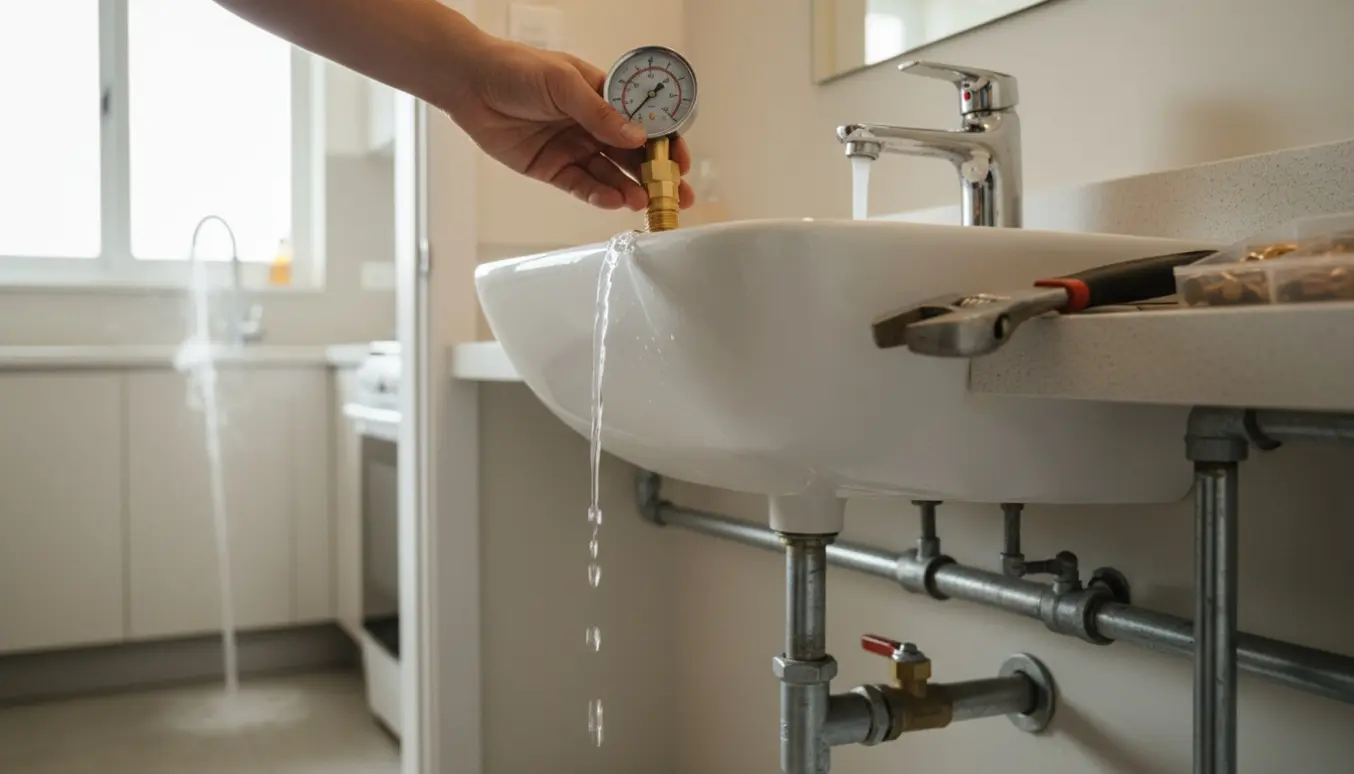 Hænder tilslutter en trykmåler til et varmtvandsarmatur med synlige galvaniserede rør og svag varmtvandsstrøm, mens køkkenhanen i baggrunden har godt tryk.