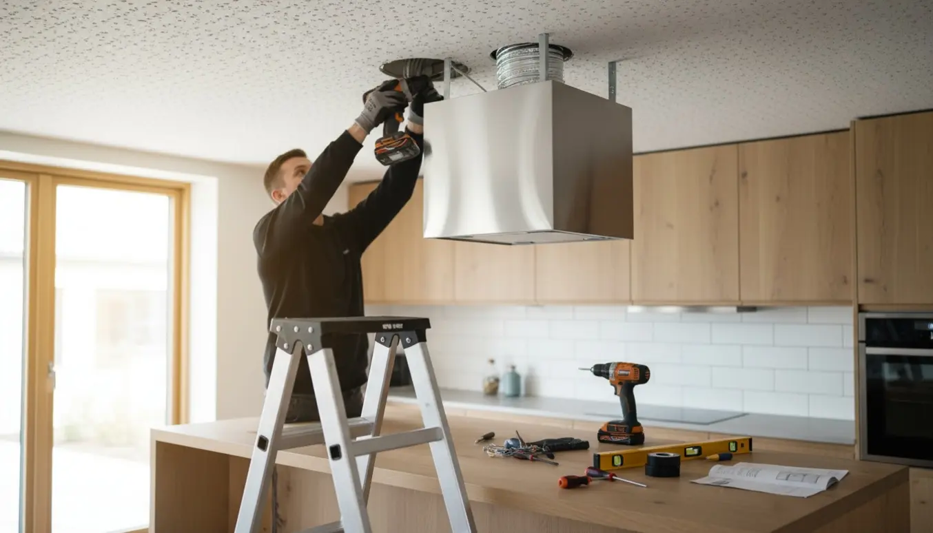 Montører monterer en loftemhætte i et køkkenloft af Troldtekt med synlige værktøjer og ventilationskanal.