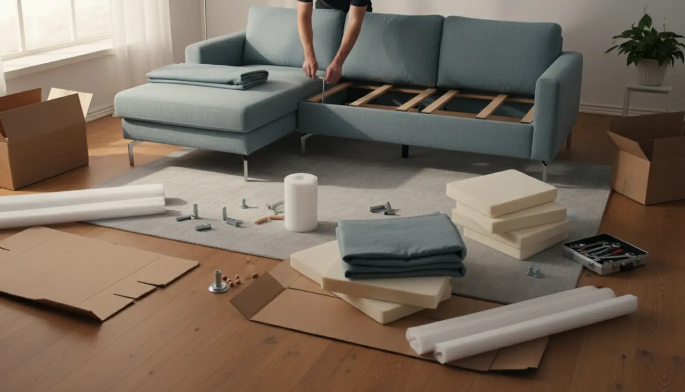 Hænder samler en Kivik 2-personers sofa med chaiselong i en lys moderne stue med værktøj og dele på gulvet.