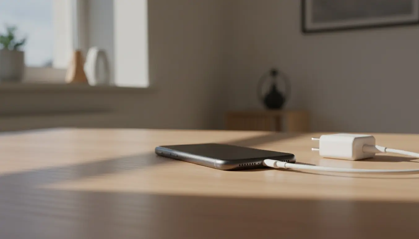 Hænder forsøger at sætte et ladekabel i en iPhone 11 Pro ved en stikkontakt uden opladning.