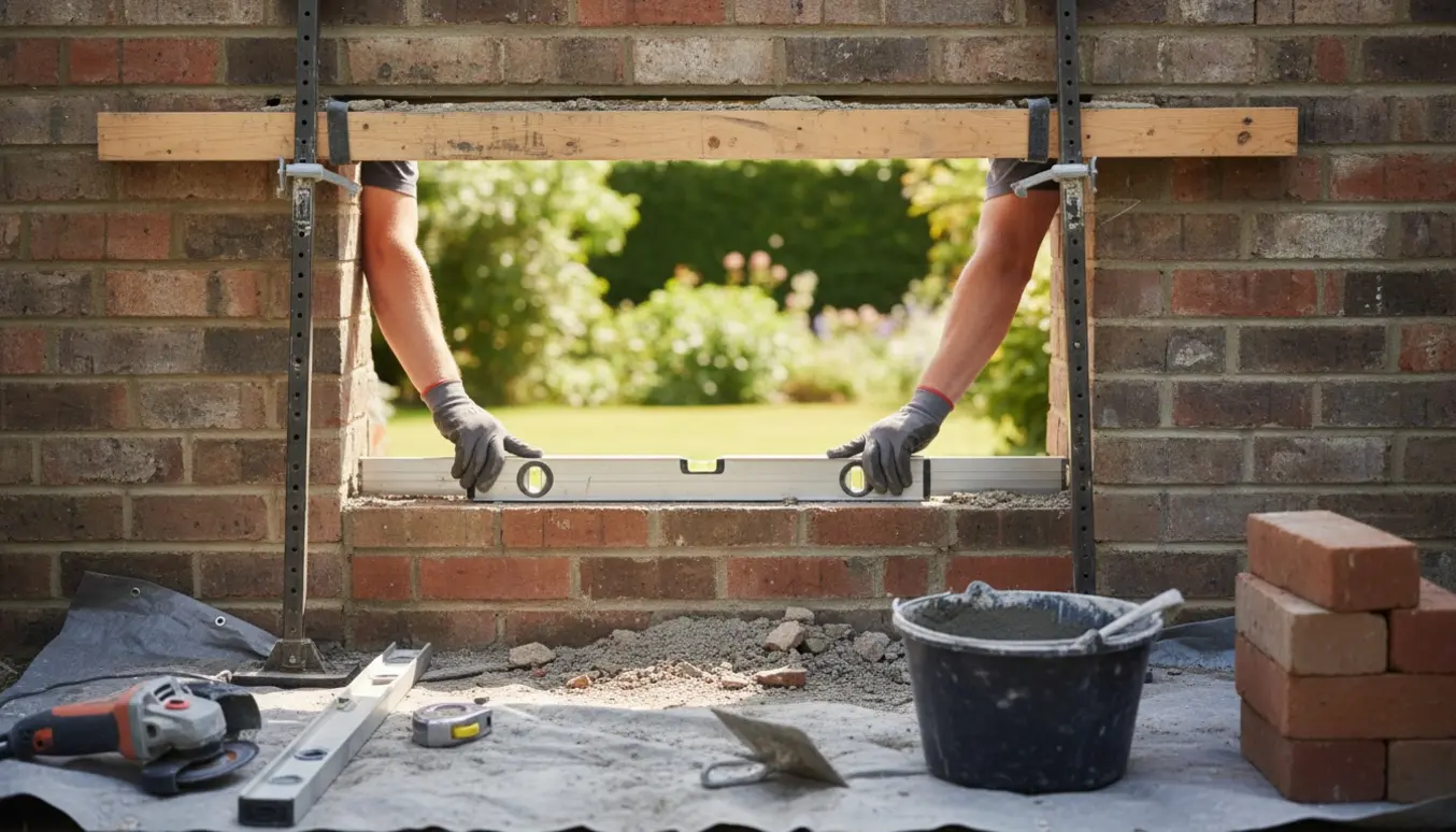 Åbning i bærende dobbelt murstensvæg med midlertidige understøtninger og ståloverligger til dobbelte terrassedøre.