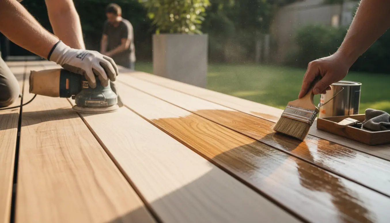 Hænder sliber og olierer en ny epi-træterrasse med slibemaskine og pensel i blødt naturligt lys.