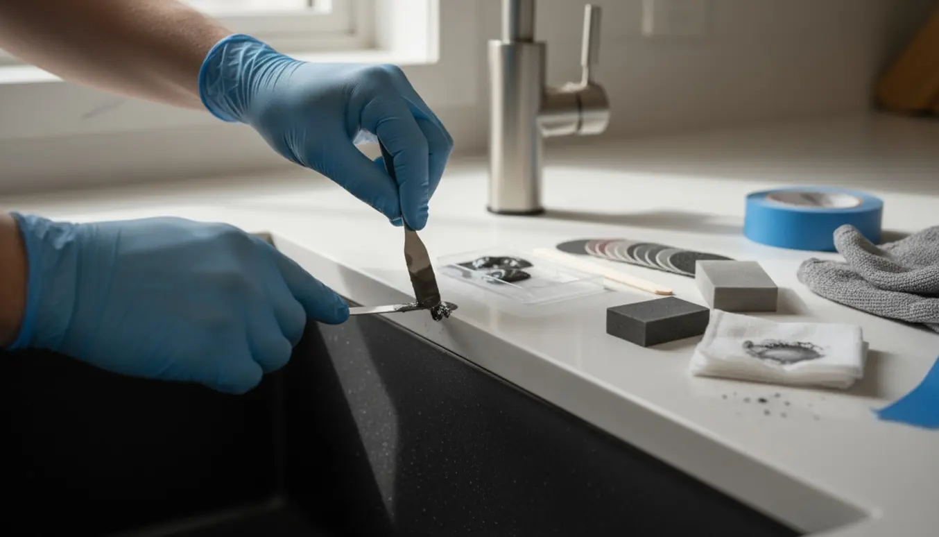 Nærbillede af reparation af afbrækket kant på en sort kompositvask med hænder og epoxyværktøj.