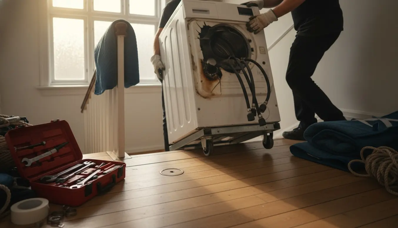 To håndværkere fjerner en defekt vaskemaskine fra en lejligheds trappeopgang med afmonterede og forseglede slanger.