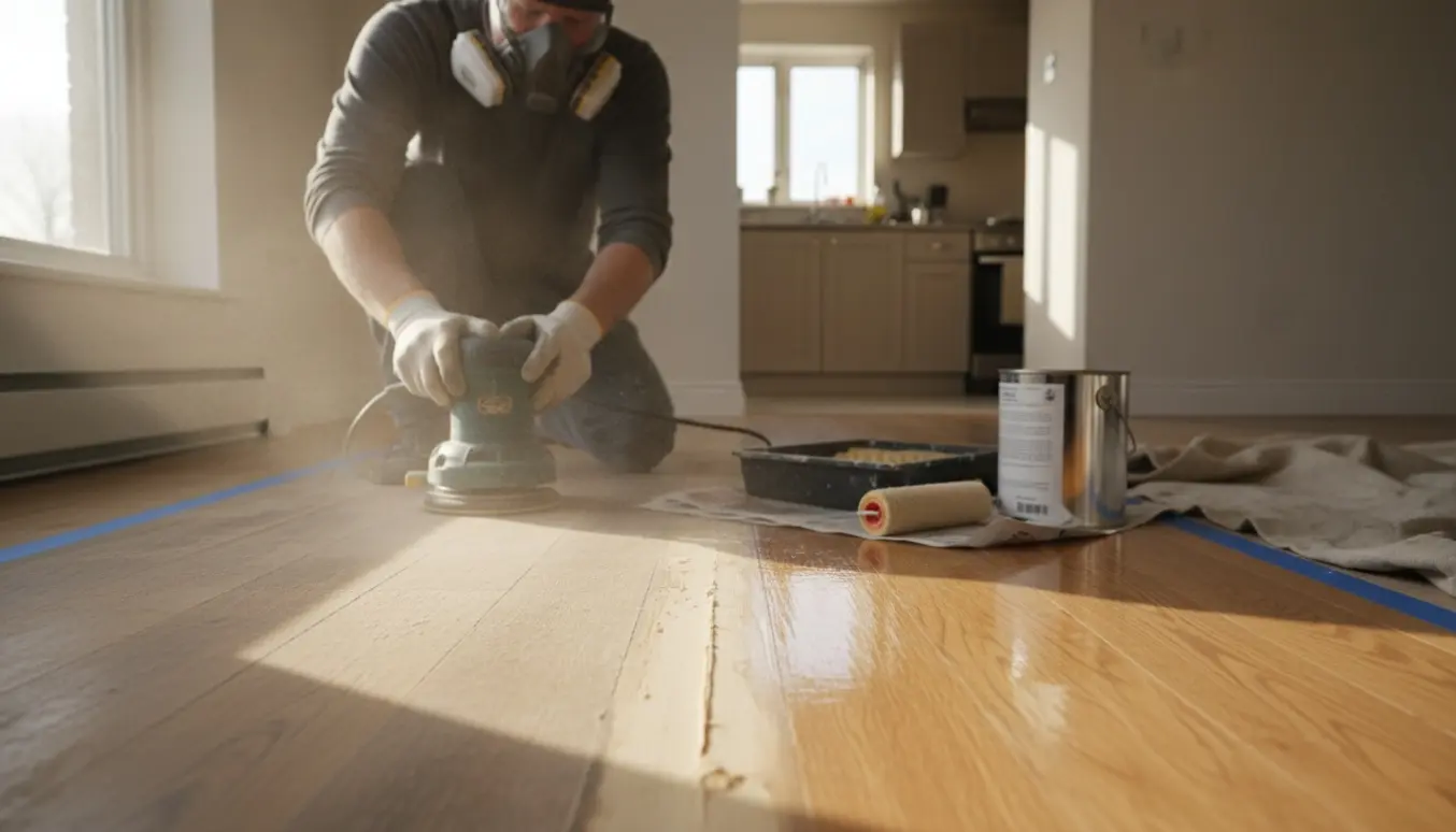 En person sliber og lakker et trægulv i en lejlighed med værktøj og en nylakeret stripe i naturligt dagslys.