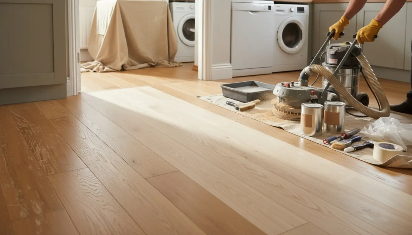 Halvvejs slebet trægulv med slibemaskine, støvudsugning, lakdåser og afdækning i et lyst køkken mens opvaskemaskine og vaskemaskine står i naborummet.