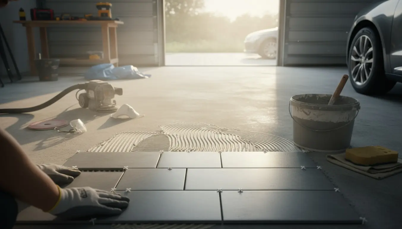 Delvist lagt gulv med 30x60 fliser i en garage, hvor håndværker forbereder epoxyfuge og har let slibet underlaget.