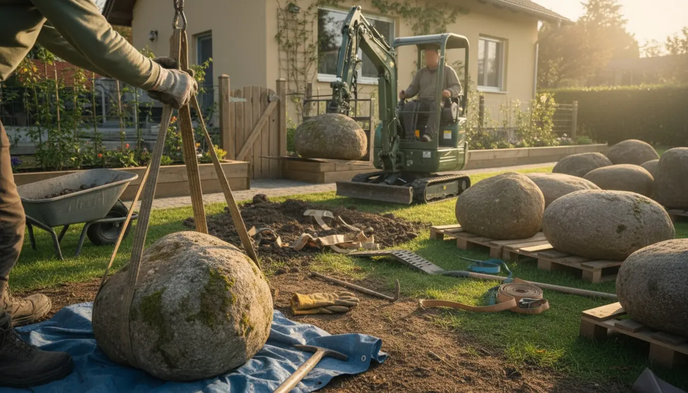 Kompakt minigravemaskine og arbejdere fjerner store sten fra en have gennem en smal havelåge.