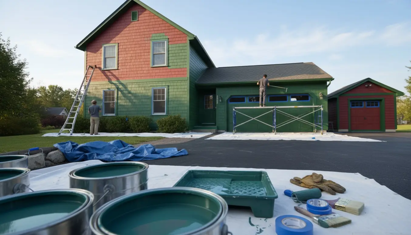 Hus, garage og udhus i færd med at blive malet fra hindbærrød til grøn, malere på stige og stillads.