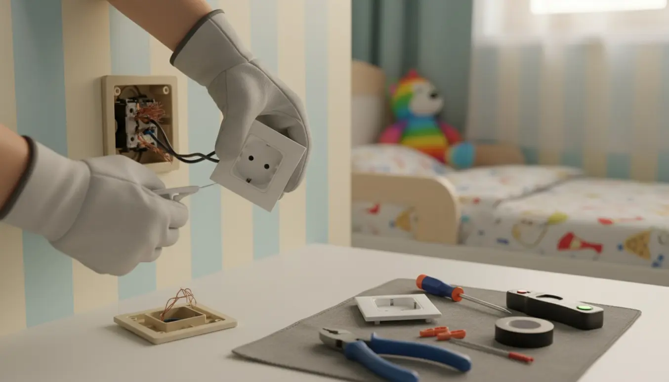 Hænder i handsker udskifter en beskadiget stikkontakt i et børneværelse med værktøj ved siden af.