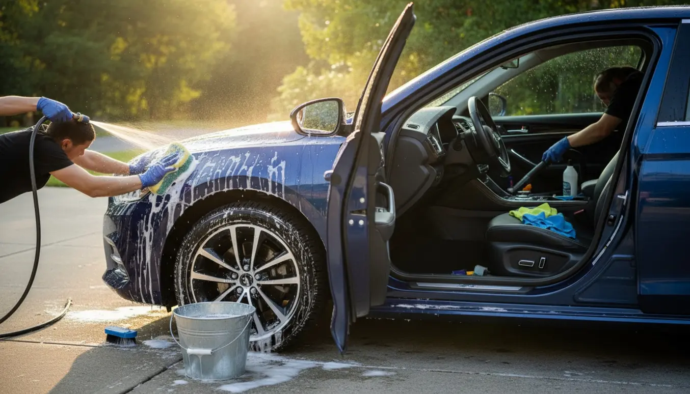 Bil håndvaskes udvendigt med svamp og slange, mens interiøret støvsuges og aftørres med microfiberklude.