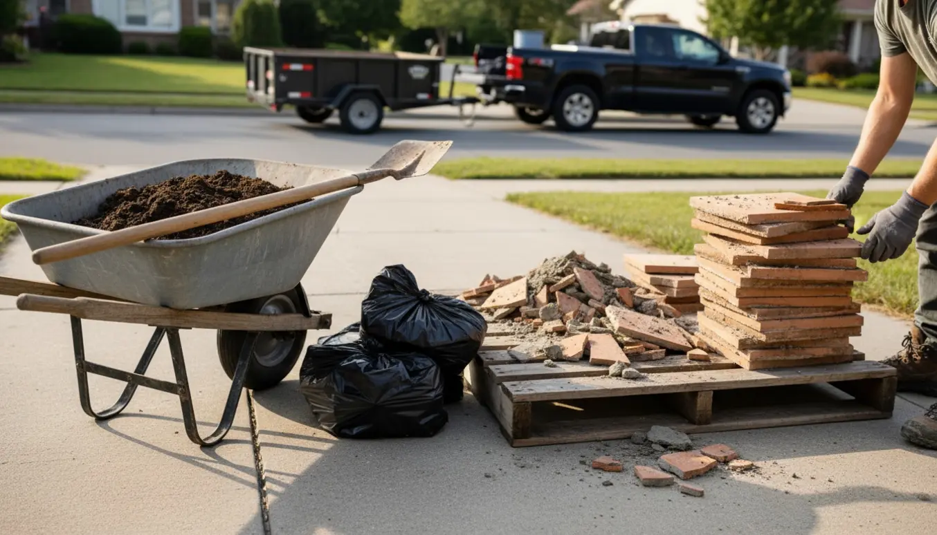 Ren jord, stakke af fliser og en palle på indkørslen klar til bortskaffelse.