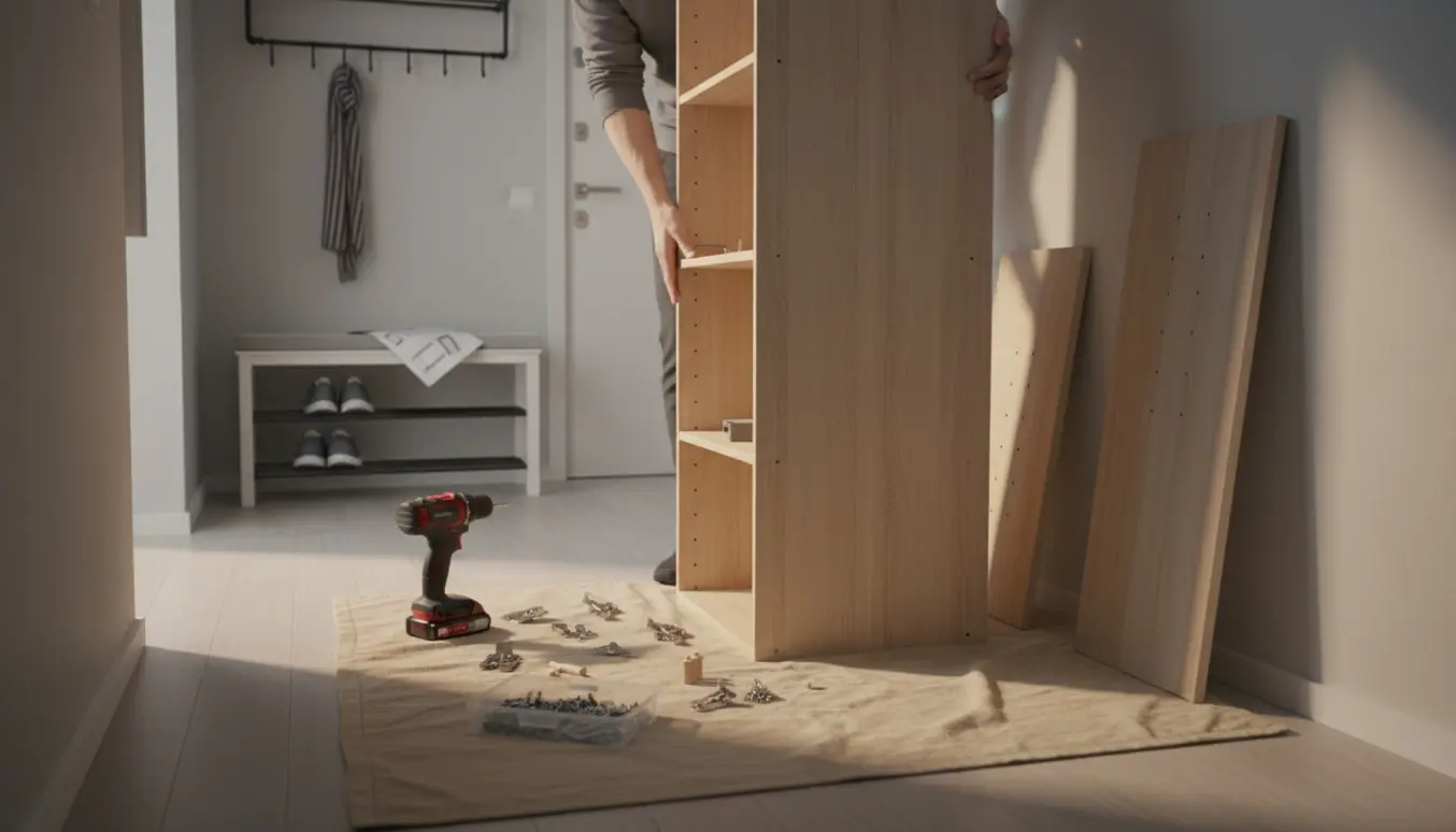 Delvist samlet lille garderobeskab i en smal entré med hænder og værktøj i færd med montage.