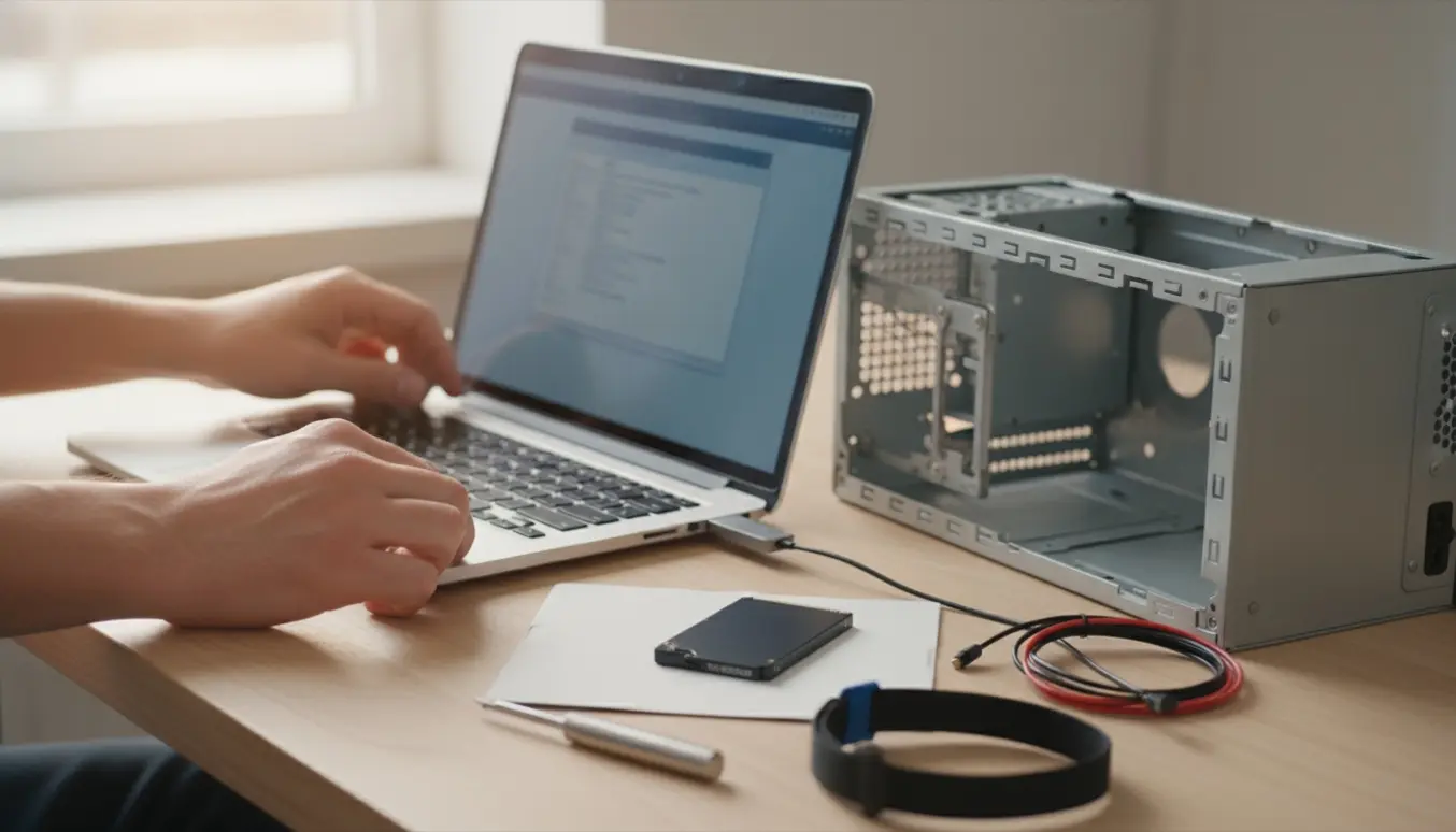 Hænder sætter en bootbar USB i en laptop foran en åben computer med en tom harddisk klar til installation af Windows 10.