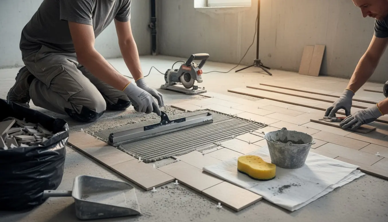 Kælder under renovering med gulvfliser og tilskårne sokkelfliser, værktøj og affaldshåndtering.