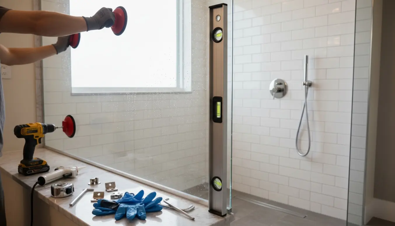 Nærbillede af måling og montering af en rammefri glasbrusedør i et moderne badeværelse med værktøj og sugegreb.