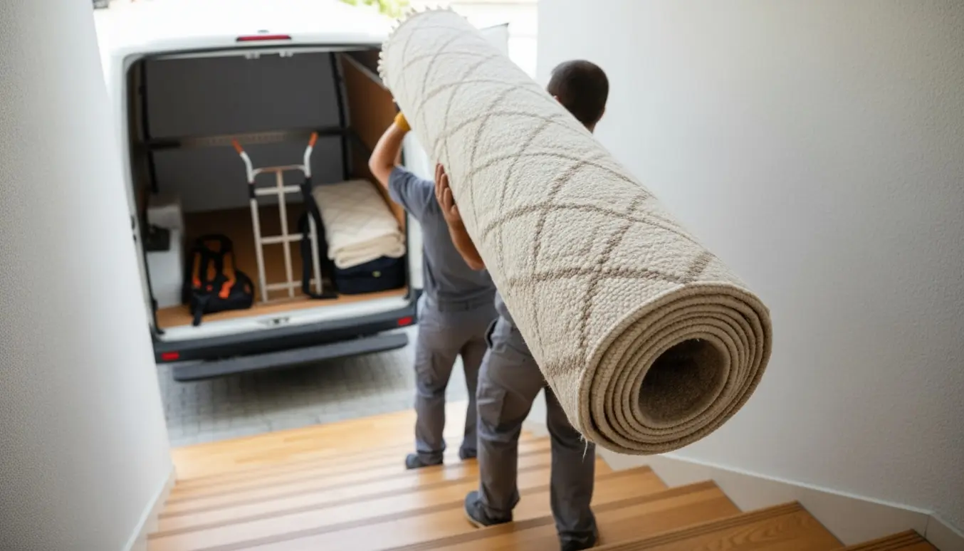 To personer bærer et stort tæppe op ad en lejlighedstrappe fra en åben varevogn.