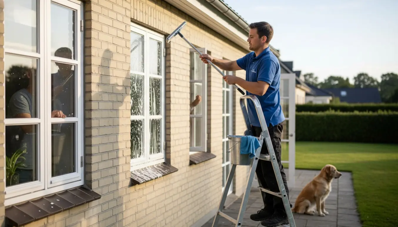 Vinduespudser renser 1. sals vinduer udefra med stige og squeegee, ejer og rolig hund i baggrunden.