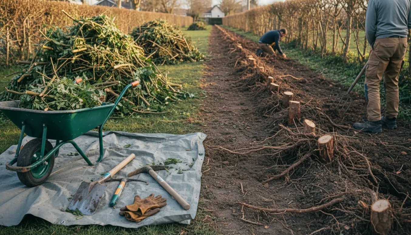 Lang ryddet hækkevæg med afskårne stubbe, eksponerede rødder, skovl og trillebør klar til oprydning.