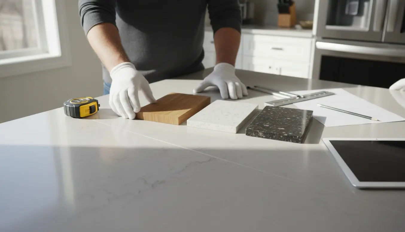 Nærbillede af hænder, der sammenligner materialer og måleværktøj på en ny køkkenbordplade.
