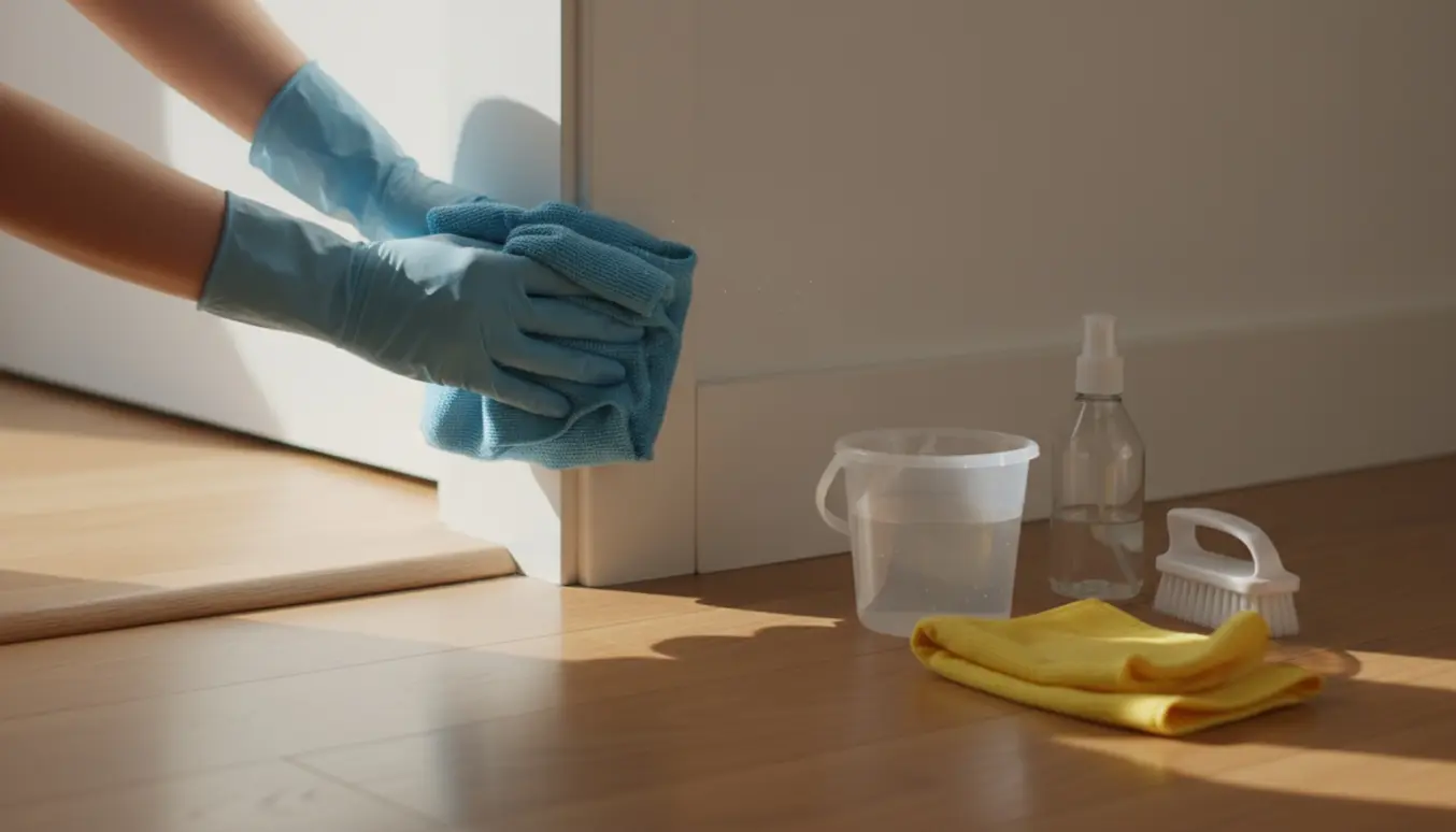 Hænder i rengøringshandsker tørrer en dørkarm og fodpanel af med mikrofiberklud på lyst trægulv i blødt sollys.