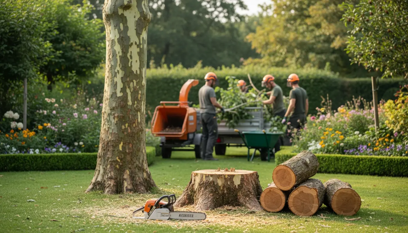 Et platantræ i en have bliver fældet; stamme og grene ligger klar til bortkørsel.