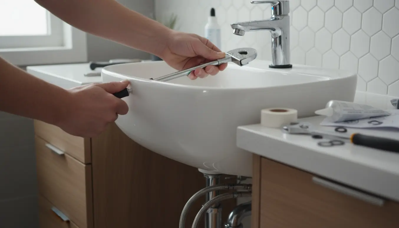 Nærbillede af hænder, der monterer en ny kromvandhane ved et håndvaskarmatur med værktøj.