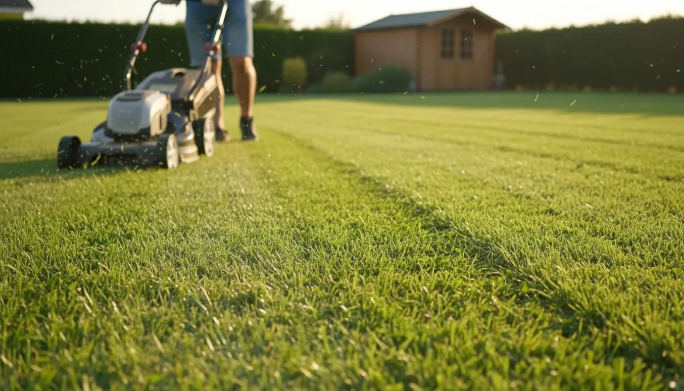 En person set bagfra med en plæneklipper, der laver striber på en stor, nyslået græsplæne i gyldent eftermiddagslys.