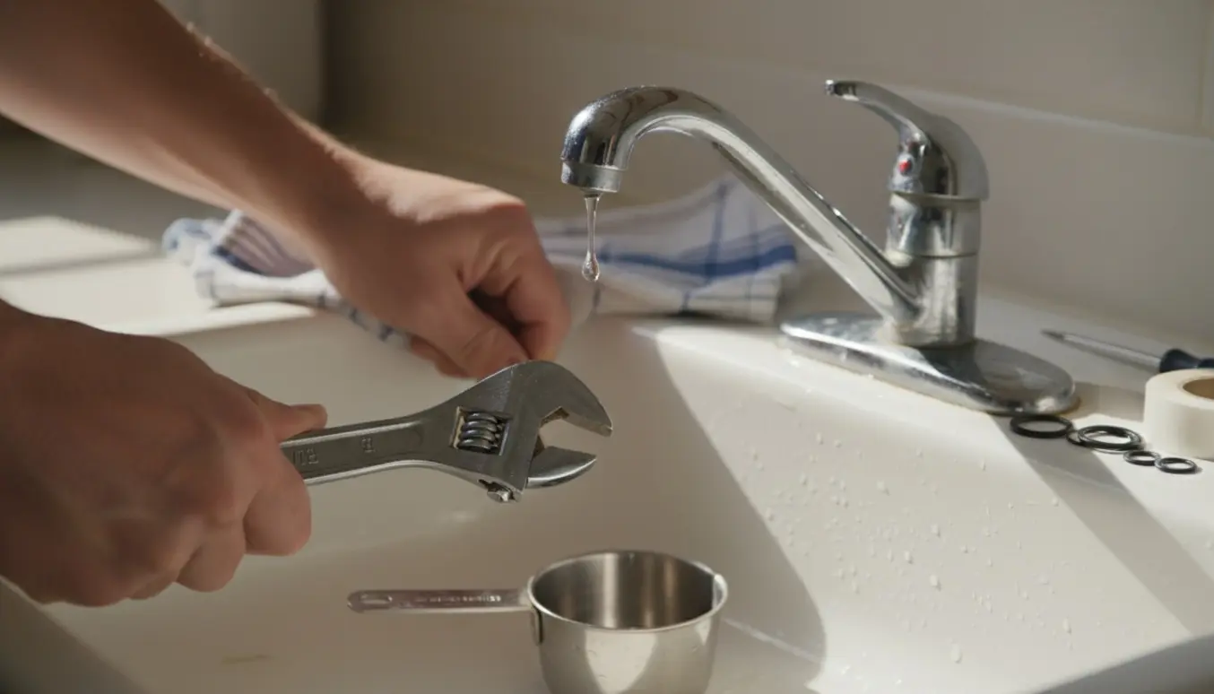 Nærbillede af en ældre køkkenvandhane, hvor hænder spænder en skruenøgle for at stoppe et dryp.