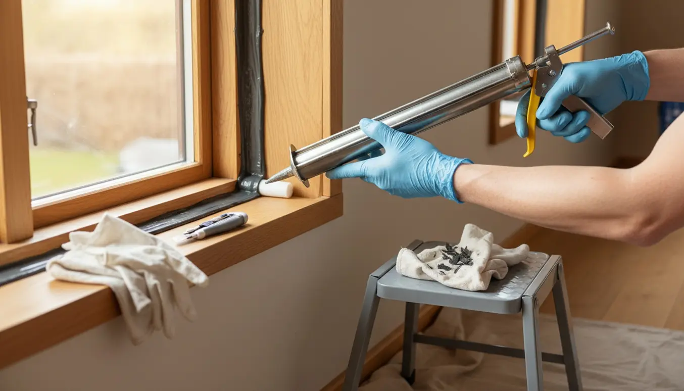 Hænder bruger fugepistol til at påføre ny gummifuge mellem trævindue og dør, med synlig skumunderfuge.