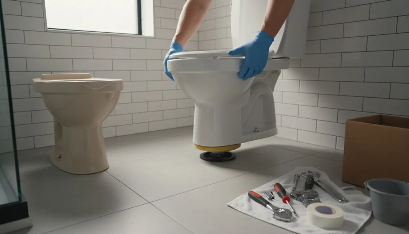 Et nyt hvidt toilet monteres i et lyst, moderne badeværelse med handsker og værktøj ved siden af.